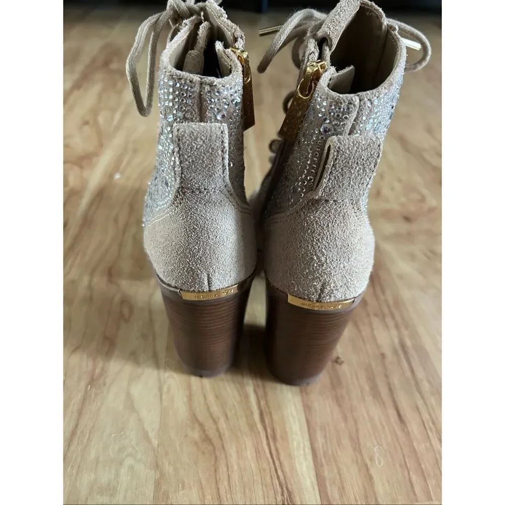 Michael Kors tan chunky heel sparkly boots leather suede size 6M New combat - Picture 5 of 7